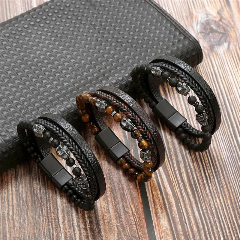 Hochwertiges Lederarmband für Männer - Stilvolles Bling mit Edelsteinen und Charms